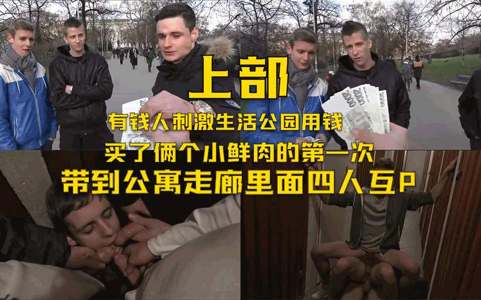 真实刺激国外有钱人在公园用金钱诱惑买走俩个鲜肉的第一次，还在公寓走廊挑战刺激露出，上部